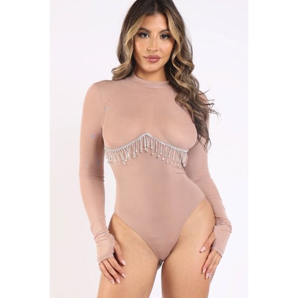 Women's Rhinestone Underboob Trimmed Bodysuit Long Sleeve Swimwear Mock Neck - Picture 4 of 11